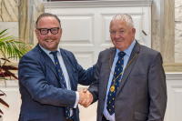 Incoming Moderator Alexander (Sandy) Scrimgeour receives the Chain of Office from outgoing Moderator David B Cuthbert Jnr 5 September 2022 (Photo by kind permission of Richard Wilkins)